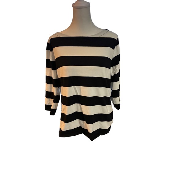 Liz Claiborne Tops - Liz Claiborne Simply Liz Black White Striped Organic Cotton Boat Neck Top L